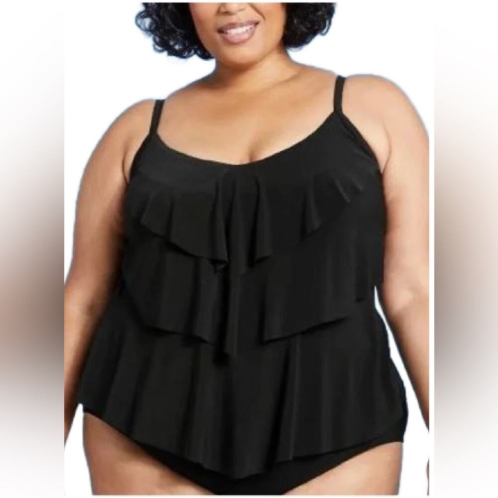 NEW Aqua Green Tiered Ruffle Tankini Swim Top in Black - Size 24W